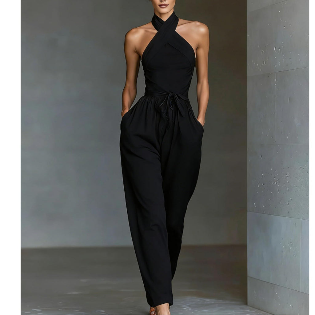 Backless Rompers for Women Casual Ink Printed Sleeveless High Waist Wide Leg Jumpsuit Sexy Halter Boho Vacation Party Outfits