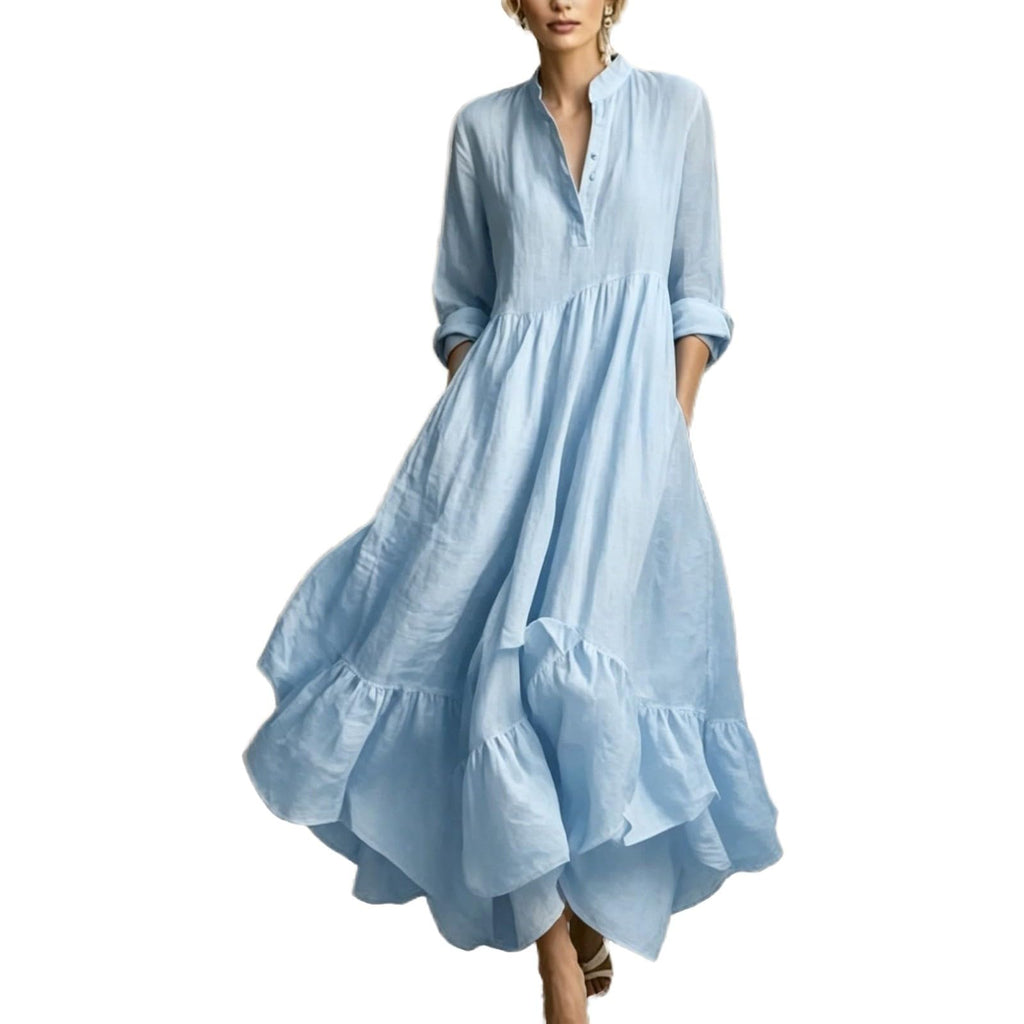 Women Maxi Dress Stand Collar Button Front Pocket Beach Vacation Casual | Flowy maxi dress stand collar, button front, functional pockets, long lantern sleeves, A-line skirt, beach vacation daily