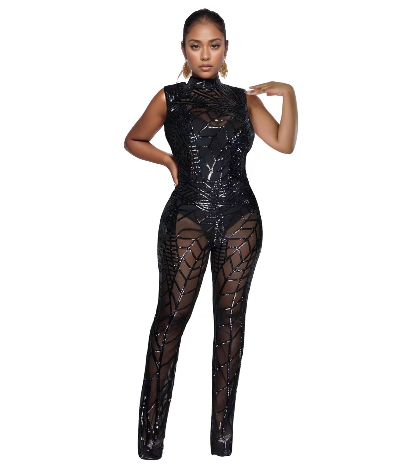 Nagfar Women Sexy Elegant Rhinestone Mesh See Through Bodycon Jumpsuits