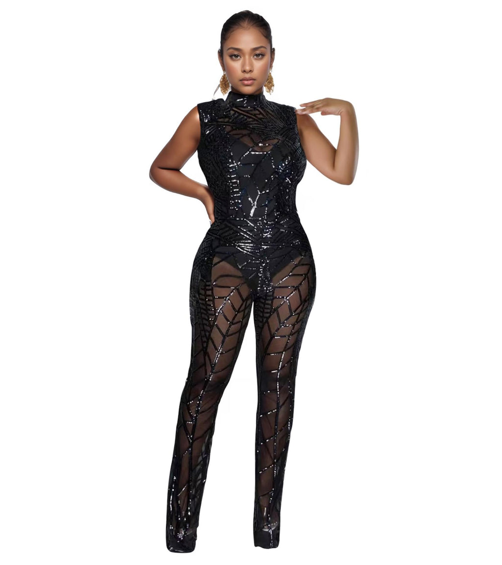Nagfar Women Sexy Elegant Rhinestone Mesh See Through Bodycon Jumpsuits