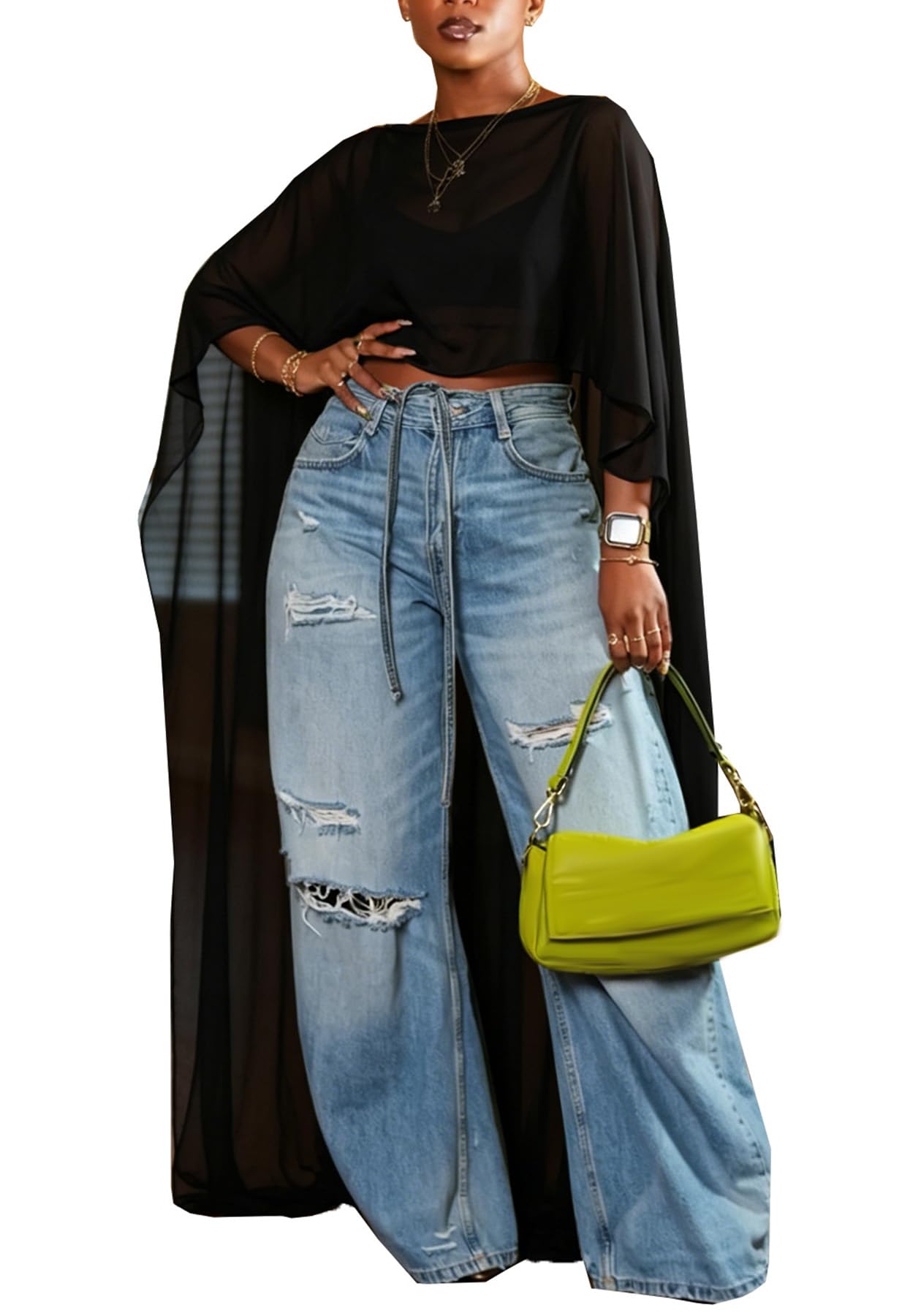 YOOTIKO Women Mesh Crop Cape Top Batwing Sleeve High Low Flowy Poncho Tops | See Through,Beach Coverups, Going Out Wear,Loose Fit