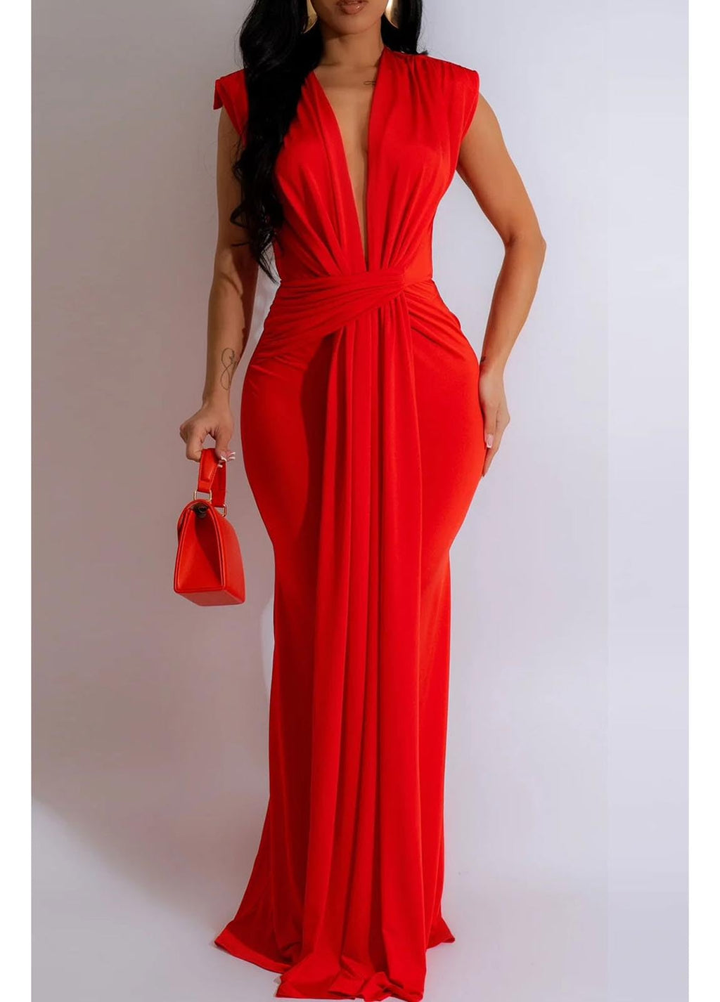 Yuopeid Women's Sexy Sleeveless Deep V Neck Fashion Ruched Bodycon Floor Length Formal Evening Party Maxi Long Dress