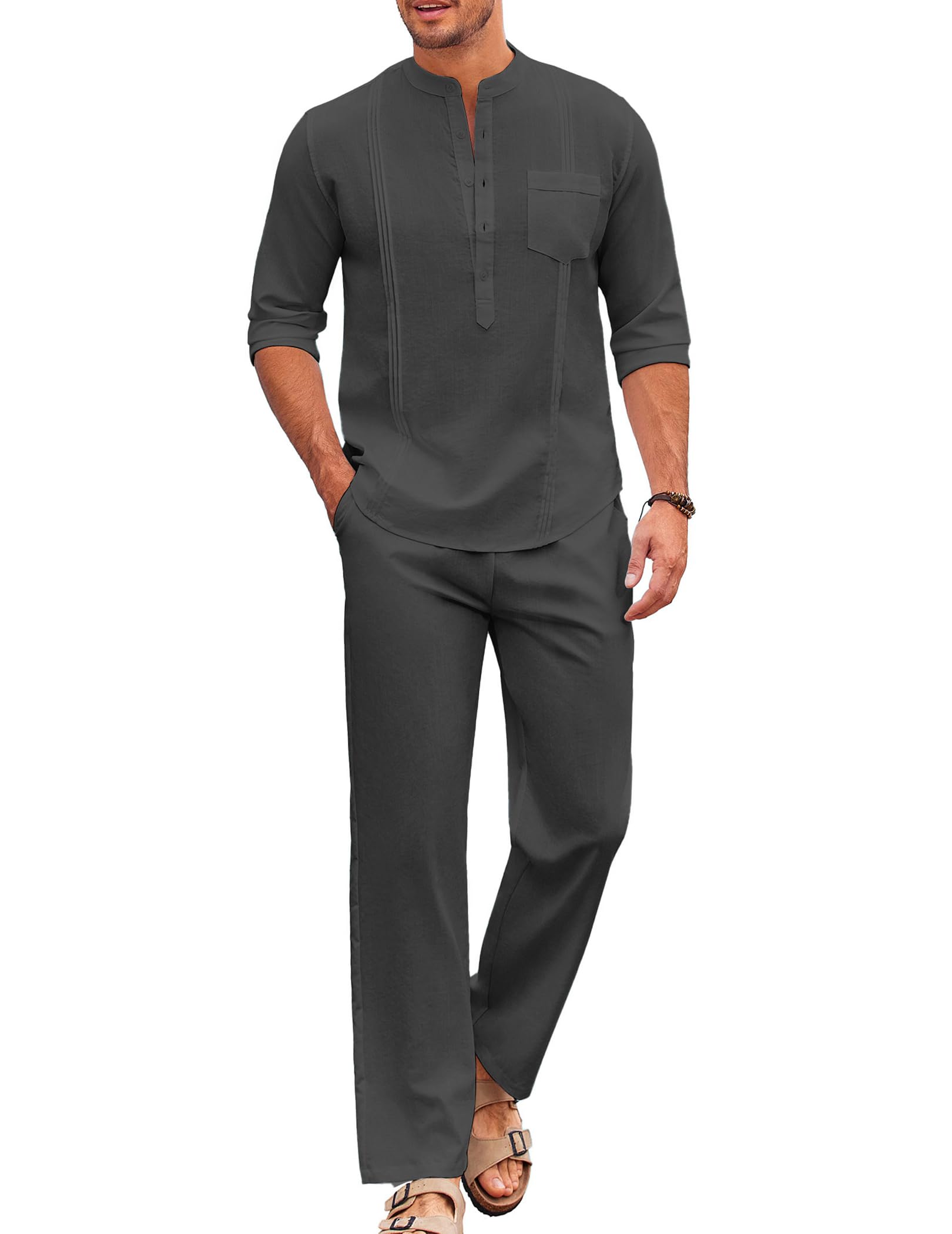 COOFANDY Men's 2 Piece Cotton Sets Casual Long Sleeve Cuban Henley Shirt and Loose Pants Set Beach Vacation Outfits