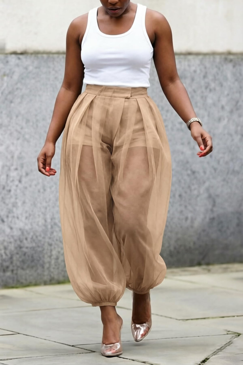 Molisry Women Sheer Mesh Pants Bubble Tulle Patchwork Pants Balloon Trouser | Loose Fit Cover Up Trousers,Built In Shorts Lining