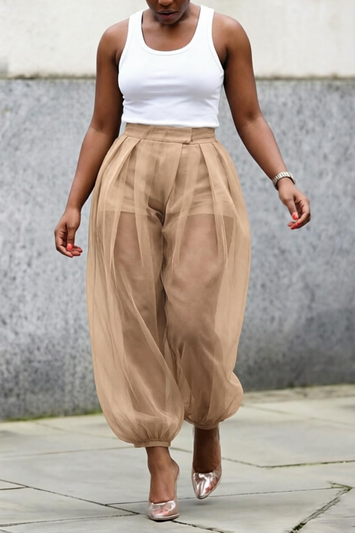 Molisry Women Sheer Mesh Pants Bubble Tulle Patchwork Pants Balloon Trouser | Loose Fit Cover Up Trousers,Built In Shorts Lining
