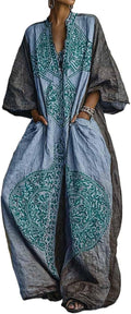 Women Plus Size Boho Wide Leg Jumpsuit Vintage Ethnic Print 3/4 Sleeve V Neck Vacation Casual Jumpsuit With Pockets