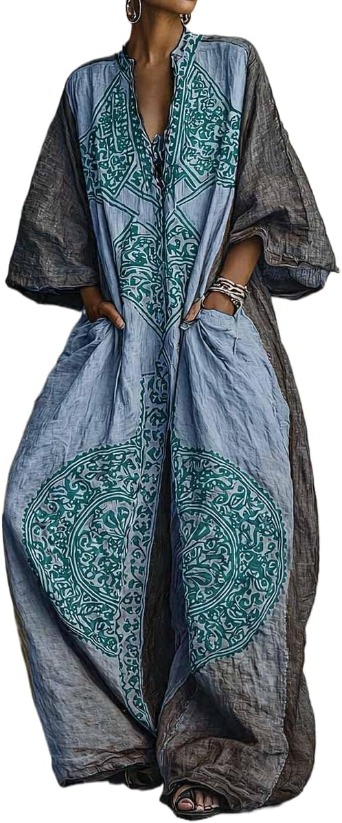 Women Plus Size Boho Wide Leg Jumpsuit Vintage Ethnic Print 3/4 Sleeve V Neck Vacation Casual Jumpsuit With Pockets