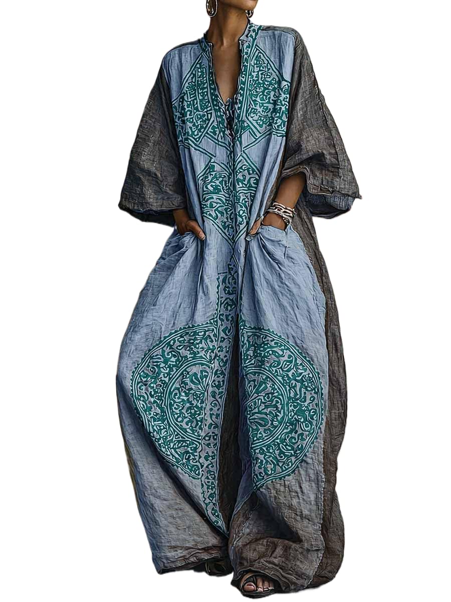 Women Plus Size Boho Wide Leg Jumpsuit Vintage Ethnic Print 3/4 Sleeve V Neck Vacation Casual Jumpsuit With Pockets