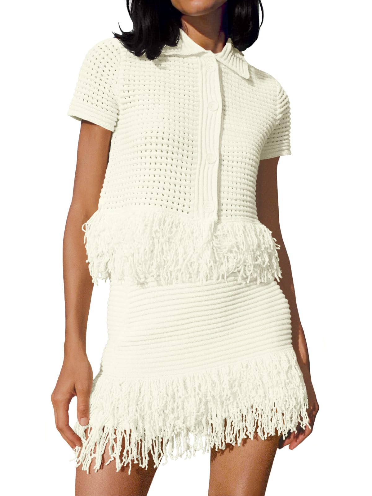 Fisoew Womens 2 Piece Outfits Crochet Short Sleeve Button Knit Sweater Tops and Fringe Skirt Vacation Sets