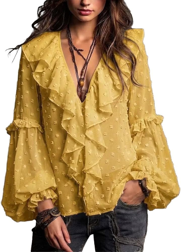 Long Sleeve Blouse for Women Sexy V Neck Polka Dot Ruffles Shirt Trendy Top Fall Elegant Going Out Tops