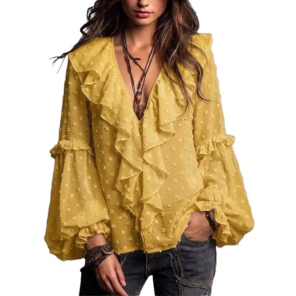 Long Sleeve Blouse for Women Sexy V Neck Polka Dot Ruffles Shirt Trendy Top Fall Elegant Going Out Tops
