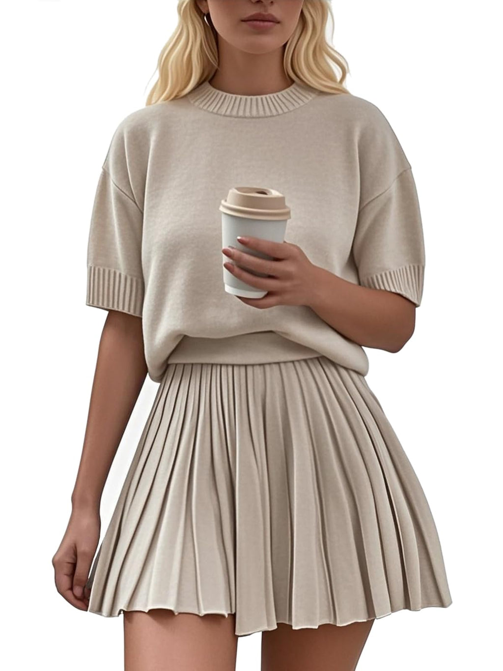 Womens 2 Piece Outfits 2026 Short Sleeve Crewneck Knit Tops And Pleated Mini Skirt Two Piece Sets