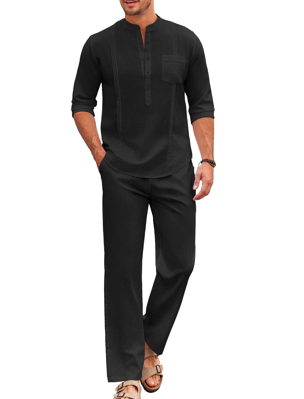 COOFANDY Men's 2 Piece Cotton Sets Casual Long Sleeve Cuban Henley Shirt and Loose Pants Set Beach Vacation Outfits