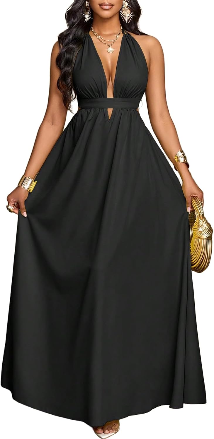 SKAYS Women's Summer Backless Tie-Waist Dress Solid Color Sexy V-Neck Beach Vacation Maxi Dress Formal Party Dress