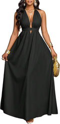 SKAYS Women's Summer Backless Tie-Waist Dress Solid Color Sexy V-Neck Beach Vacation Maxi Dress Formal Party Dress