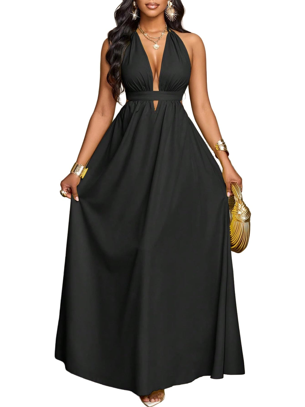 SKAYS Women's Summer Backless Tie-Waist Dress Solid Color Sexy V-Neck Beach Vacation Maxi Dress Formal Party Dress