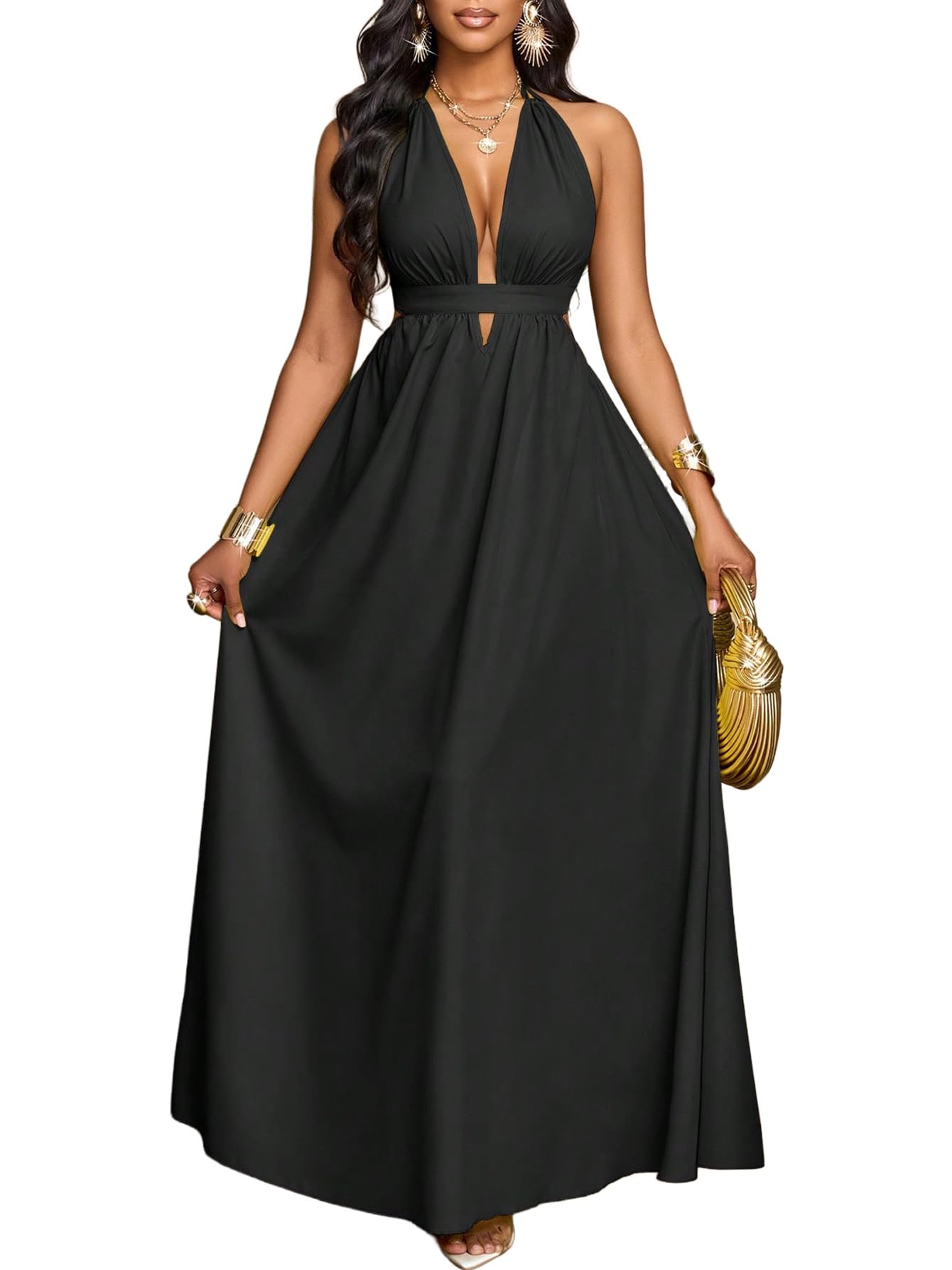 SKAYS Women's Summer Backless Tie-Waist Dress Solid Color Sexy V-Neck Beach Vacation Maxi Dress Formal Party Dress