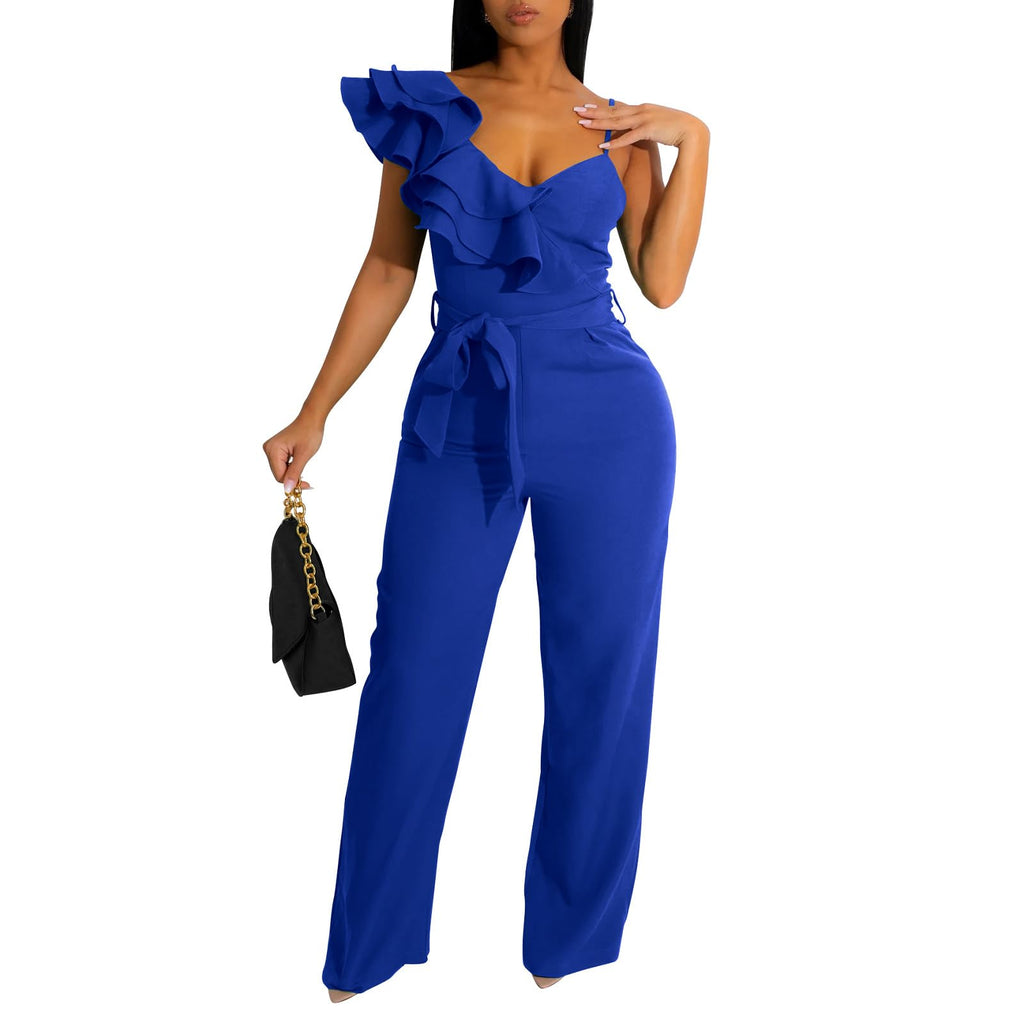 kaimimei Womens Casual Jumpsuits Ruffle One Shoulder Wide Leg Belted Romper | Designed with Pockets,Adjustable Strap,Sexy V-Neck Sleeveless,Backless,for Parties, Clubs,Wedding,Event,Outing
