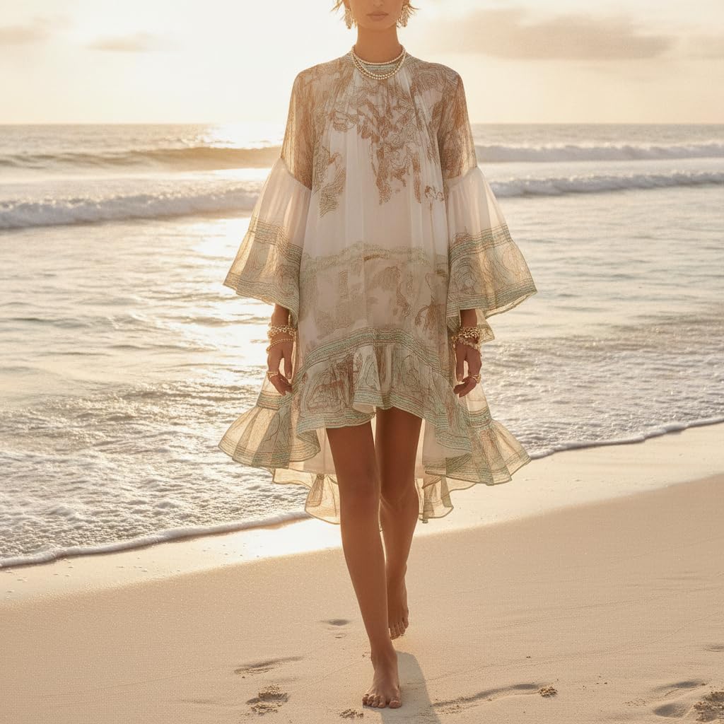 Women's Vintage Floral Print High Low Midi Dress, Crew Neck Long Sleeve Ruffle Hem Flowy Chiffon Boho Vacation Dress