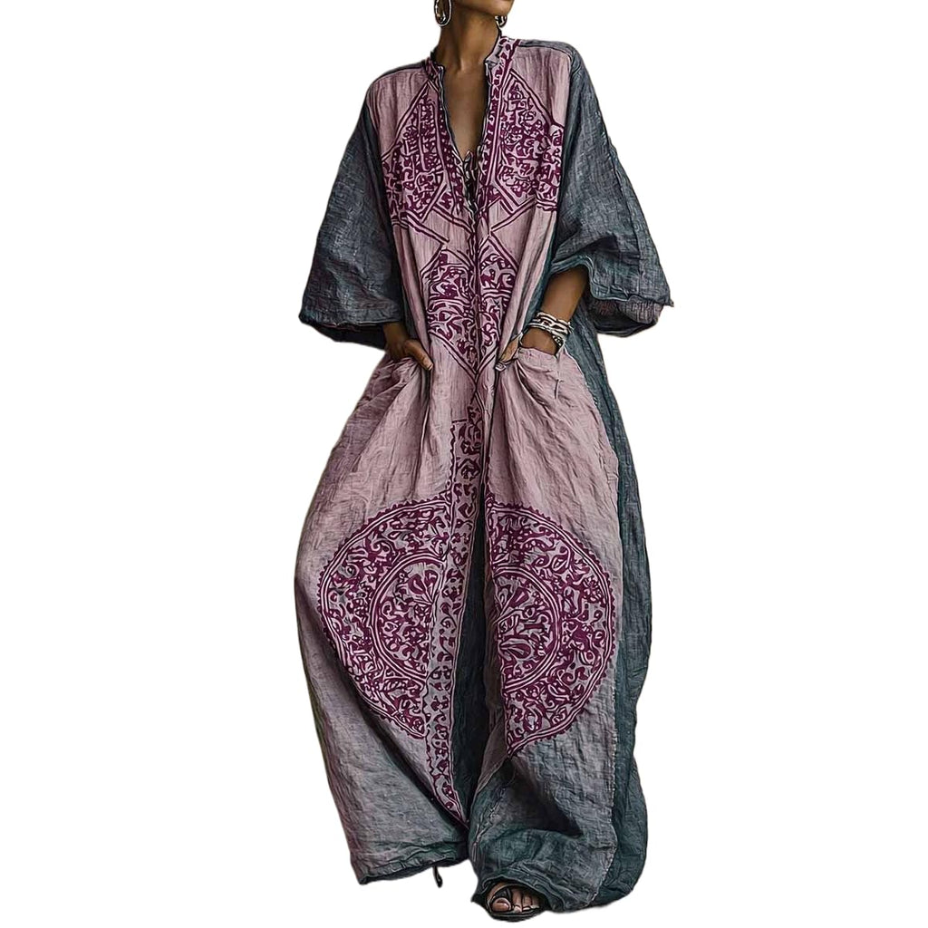 Women Plus Size Boho Wide Leg Jumpsuit Vintage Ethnic Print 3/4 Sleeve V Neck Vacation Casual Jumpsuit With Pockets