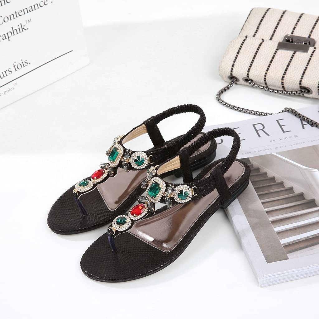 MIOKE Women's Bohemia Bling Jeweled Flat Sandals T-strap Clip Toe Cutout Slingback Summer Beach Flipflops
