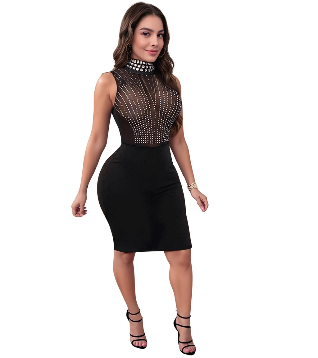 PORRCEY Women's Sexy Rhinestone Mesh See Through Party Night Prom Dress