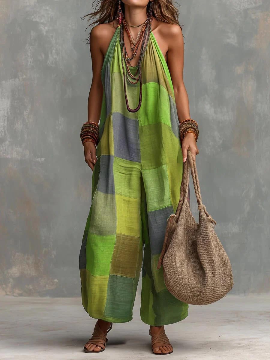 REASERAL Womens Boho Halter Jumpsuits Color Block Wide Leg Sleeveless Backless Casual Beach Vacation Summer Jumpsuit