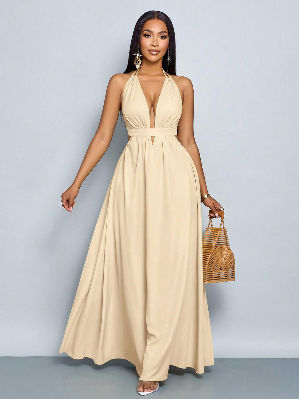 SKAYS Women's Summer Backless Tie-Waist Dress Solid Color Sexy V-Neck Beach Vacation Maxi Dress Formal Party Dress