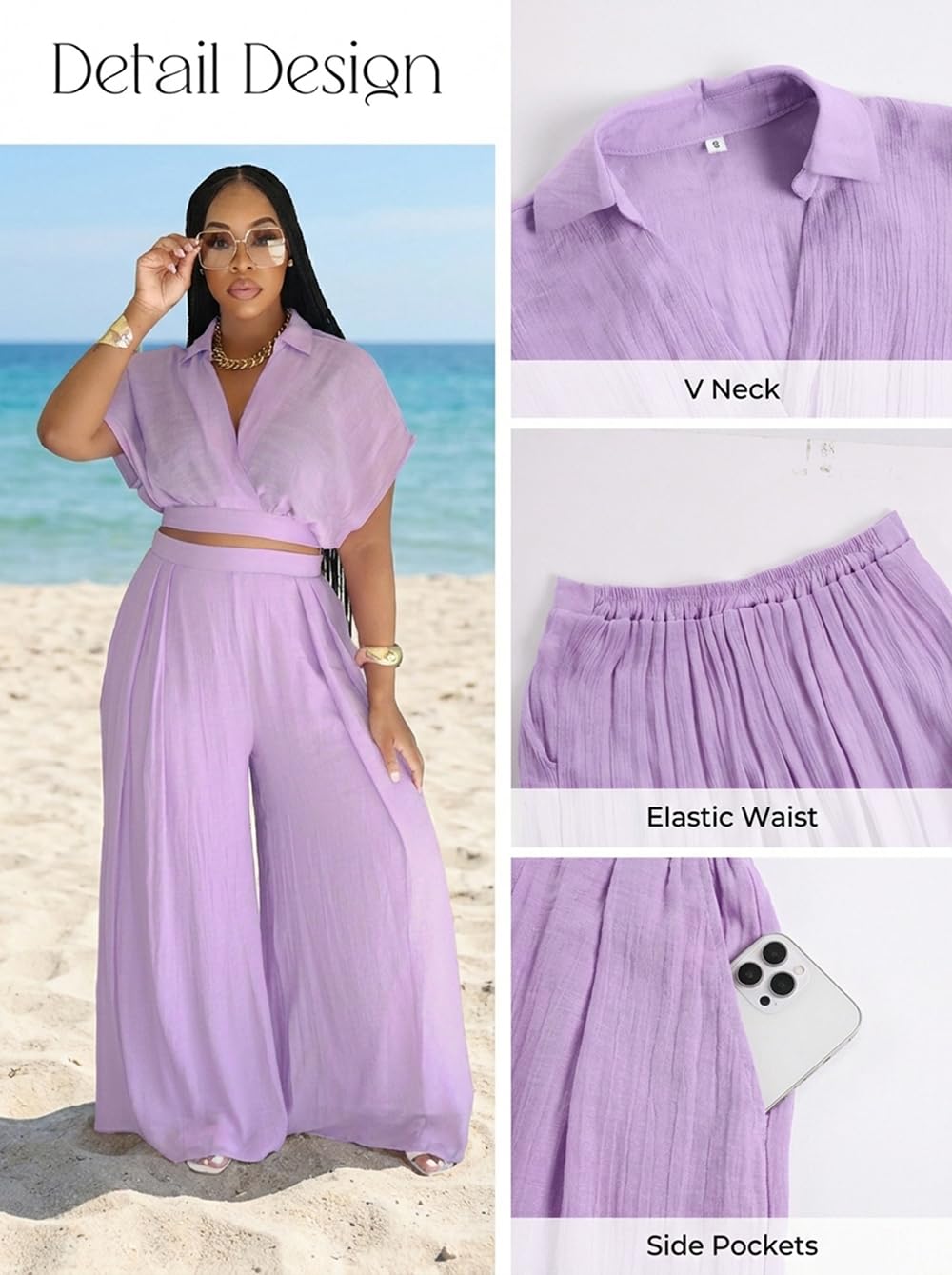 Ekaliy Women Two Piece Crop Top Flowy Wide Leg Pants Set Summer Outfits | Lightweight breathable fabric,batwing V-neck crop top,elastic waist wide leg lined pants with pockets for casual wear.