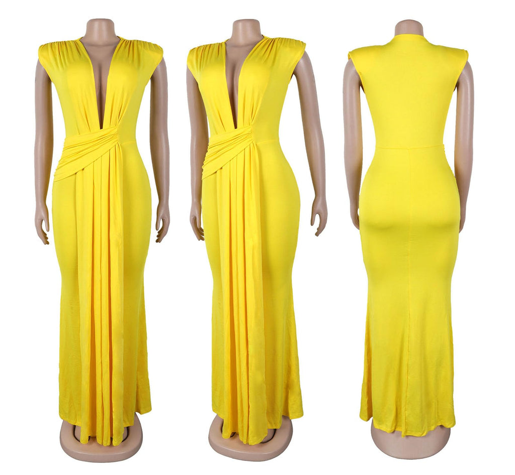 Yuopeid Women's Sexy Sleeveless Deep V Neck Fashion Ruched Bodycon Floor Length Formal Evening Party Maxi Long Dress