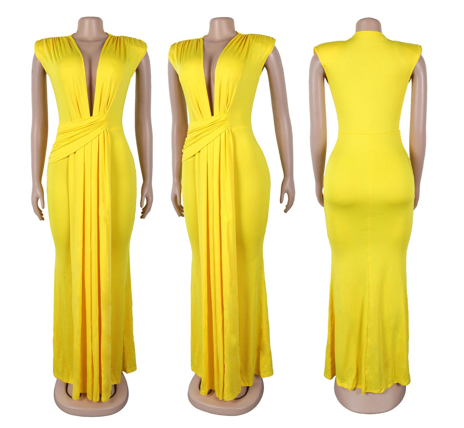 Yuopeid Women's Sexy Sleeveless Deep V Neck Fashion Ruched Bodycon Floor Length Formal Evening Party Maxi Long Dress