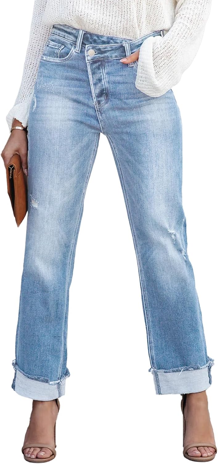 Metietila Jeans for Women Trendy High Waisted Corssover Boyfriend Jeans Distressed Stretchy Denim Pants