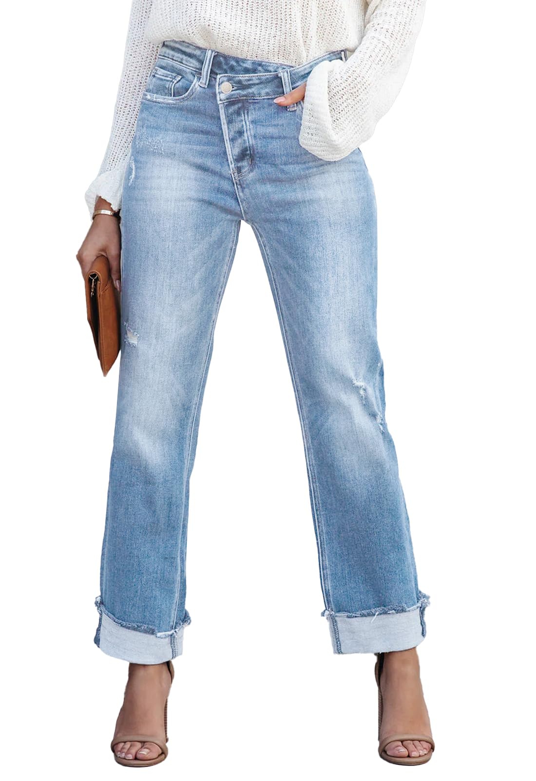 Metietila Jeans for Women Trendy High Waisted Corssover Boyfriend Jeans Distressed Stretchy Denim Pants
