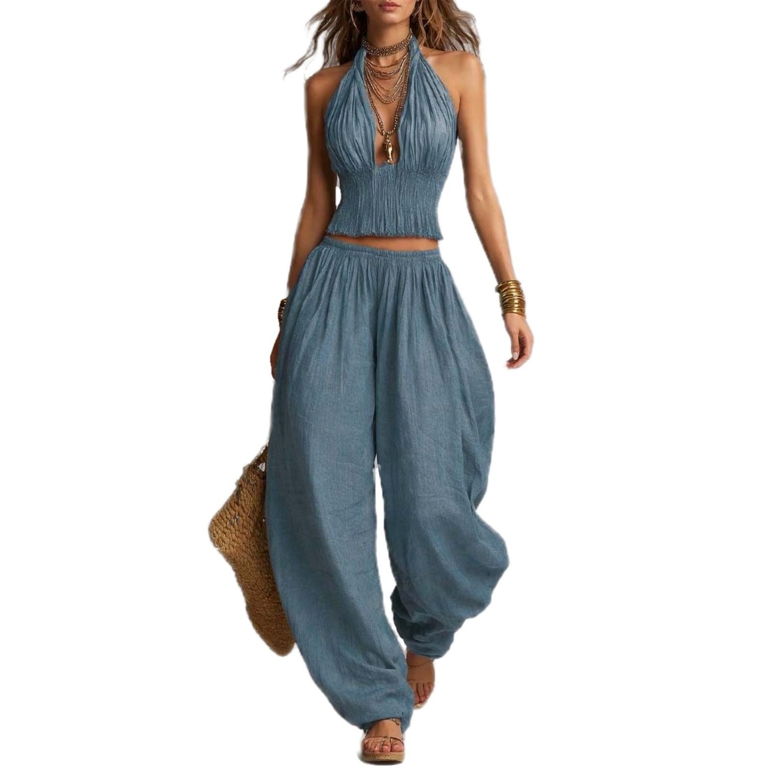 2 Piece Outfit for Women Sleeveless Crop Top and Wide Leg Pants Set Summer Loose Smocked Casual Beach Matching Sets