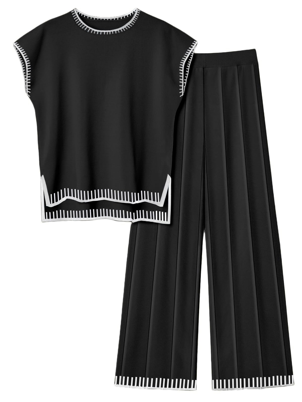Ekouaer Womens Matching Sets Knit Sweater Sets 2 Pieces Lounge Set | Pullover Tops Wide Legs Pants Casual Outfits