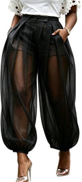Molisry Women Sheer Mesh Pants Bubble Tulle Patchwork Pants Balloon Trouser | Loose Fit Cover Up Trousers,Built In Shorts Lining
