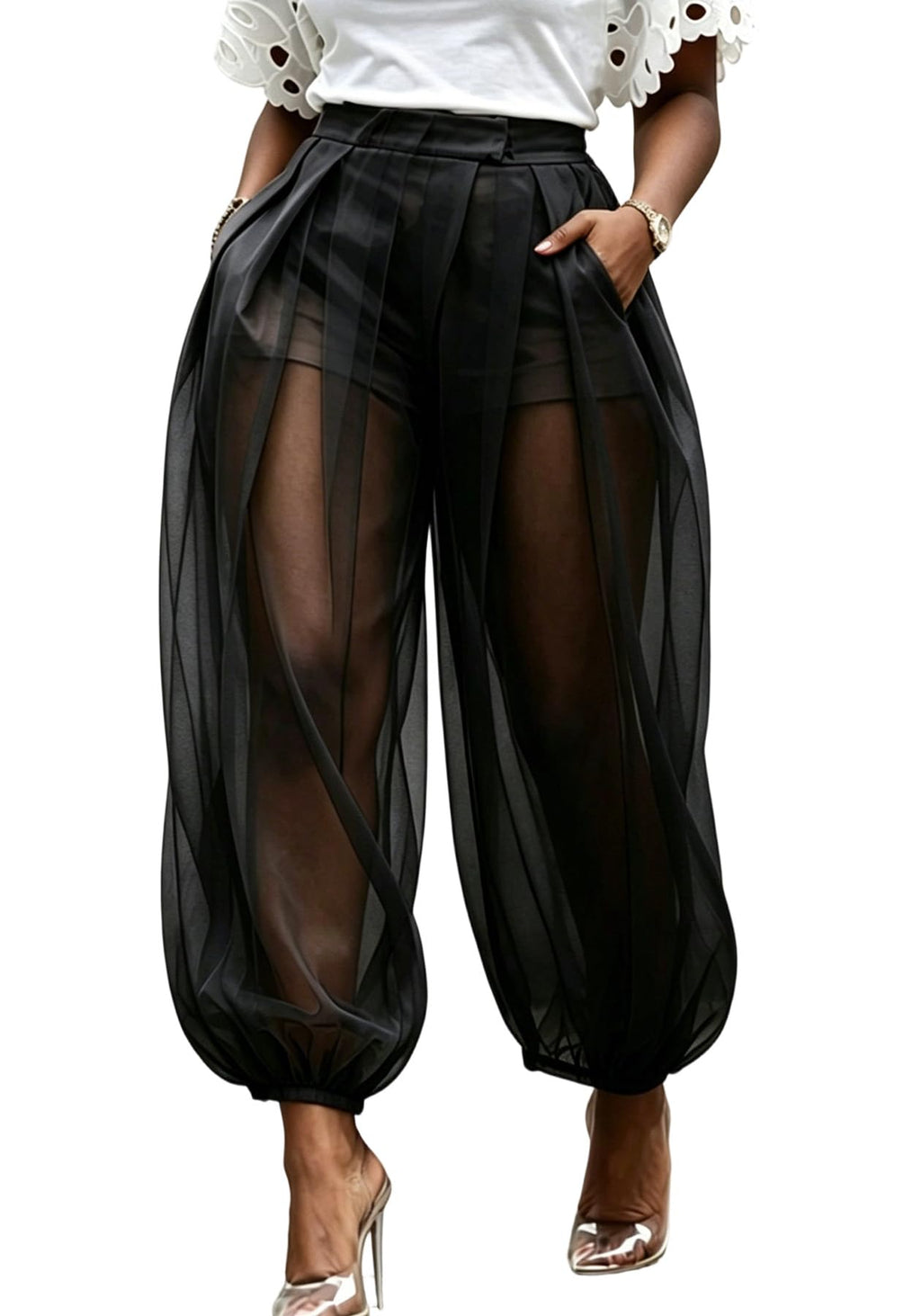 Molisry Women Sheer Mesh Pants Bubble Tulle Patchwork Pants Balloon Trouser | Loose Fit Cover Up Trousers,Built In Shorts Lining
