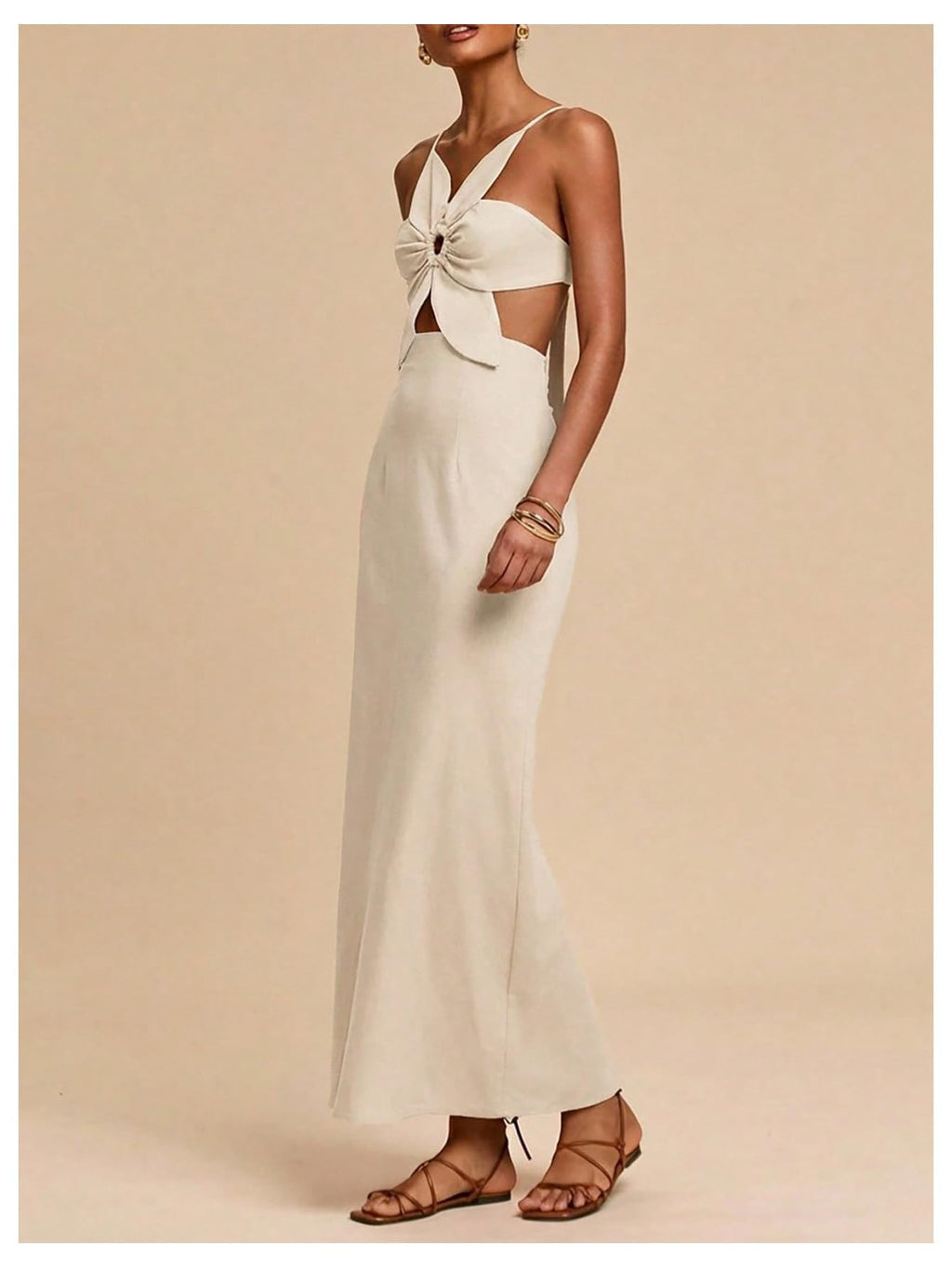 SHENHE Women's Petal Backless Linen Maxi Dress Cut Out Vacation Dresses | Keyhole, Spaghetti Strap, Open Back, Long Dress, Zipper, Summer, Date Night, Cami Dresses
