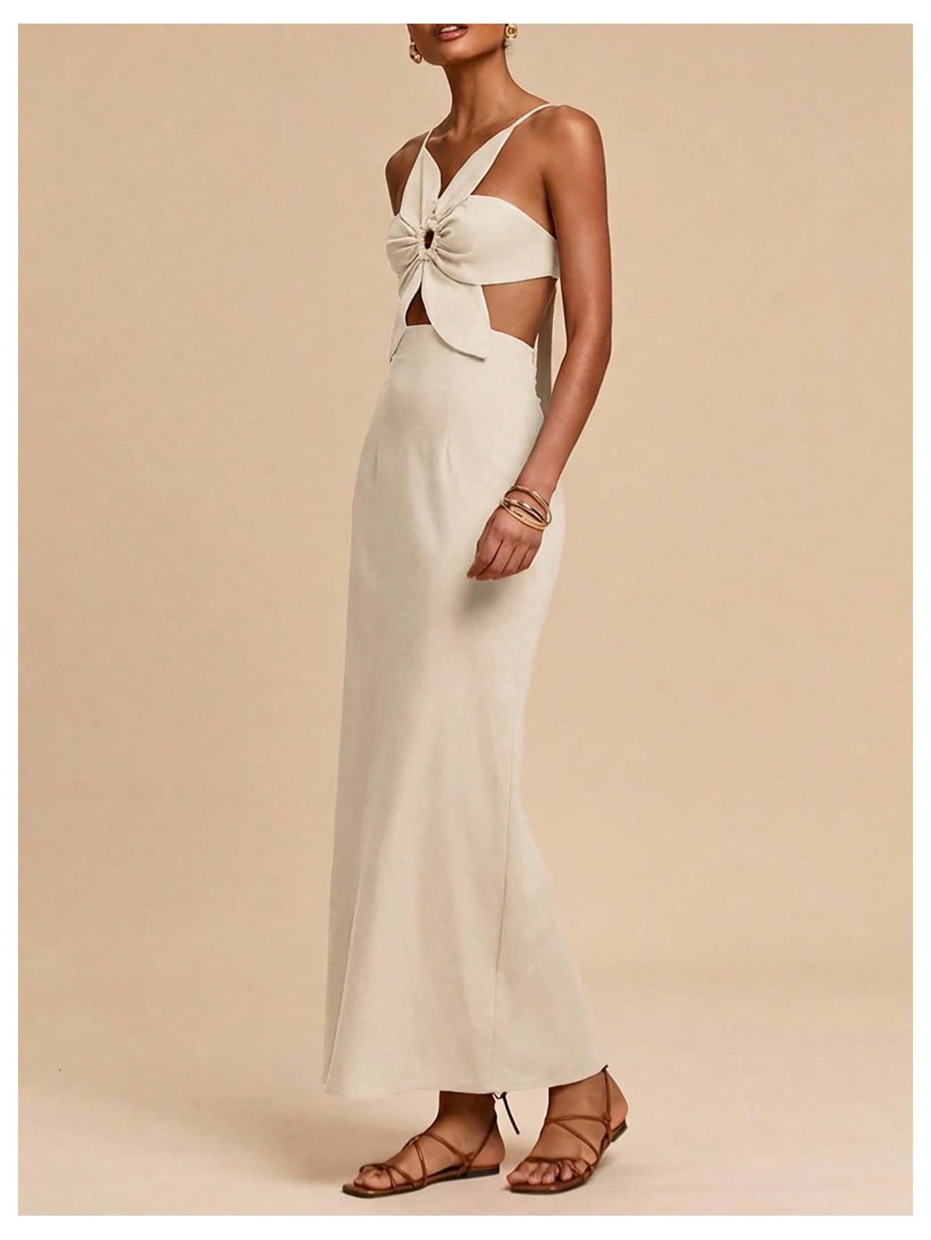 SHENHE Women's Petal Backless Linen Maxi Dress Cut Out Vacation Dresses | Keyhole, Spaghetti Strap, Open Back, Long Dress, Zipper, Summer, Date Night, Cami Dresses