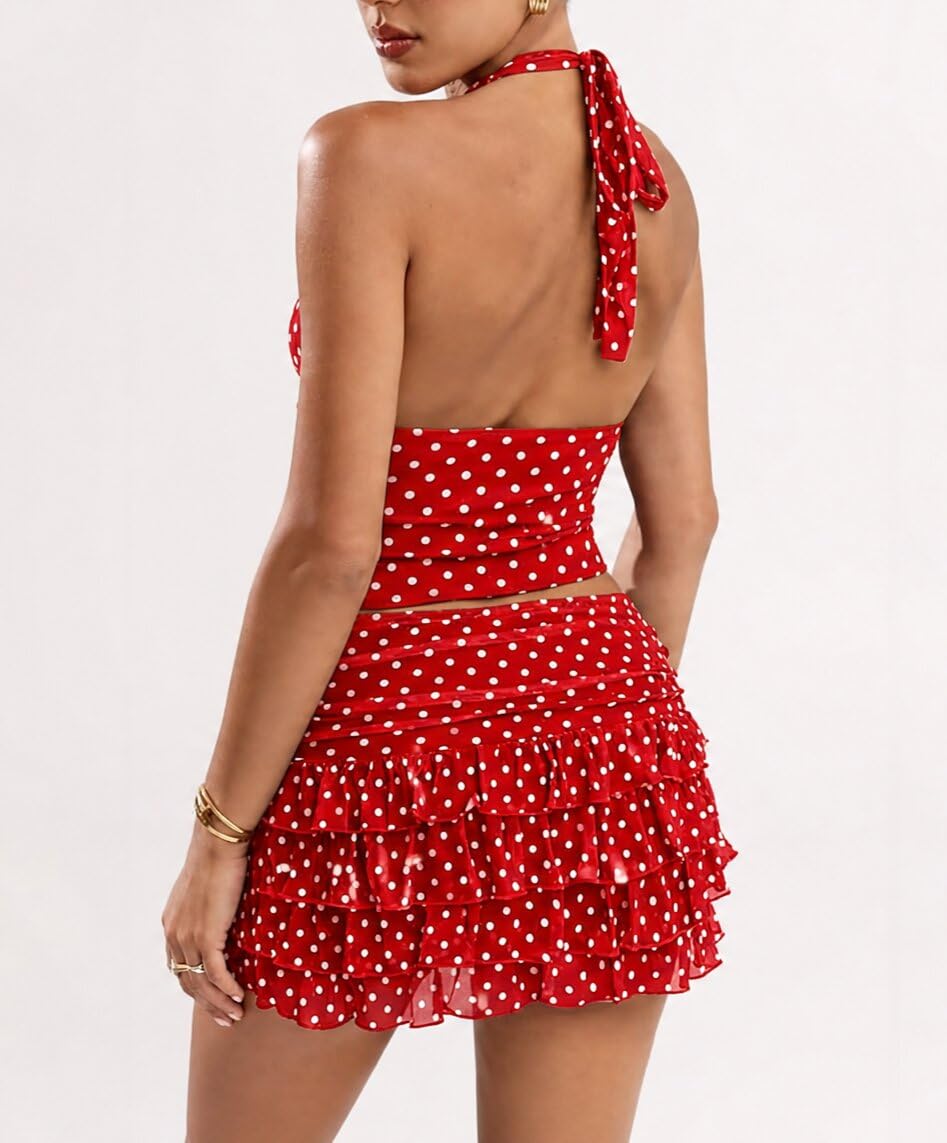Women Summer Polka Dot Set Halter Mini Tiered Skirt Set | Built in shorts, Ruched Waist, Tiered Ruffle, Mesh outer layer, ideal for going out, vacation, birthday, night out