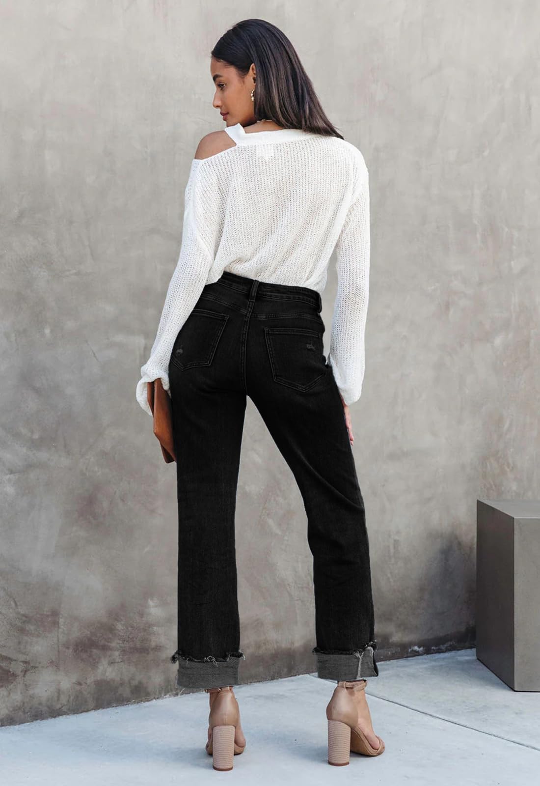 Metietila Jeans for Women Trendy High Waisted Corssover Boyfriend Jeans Distressed Stretchy Denim Pants