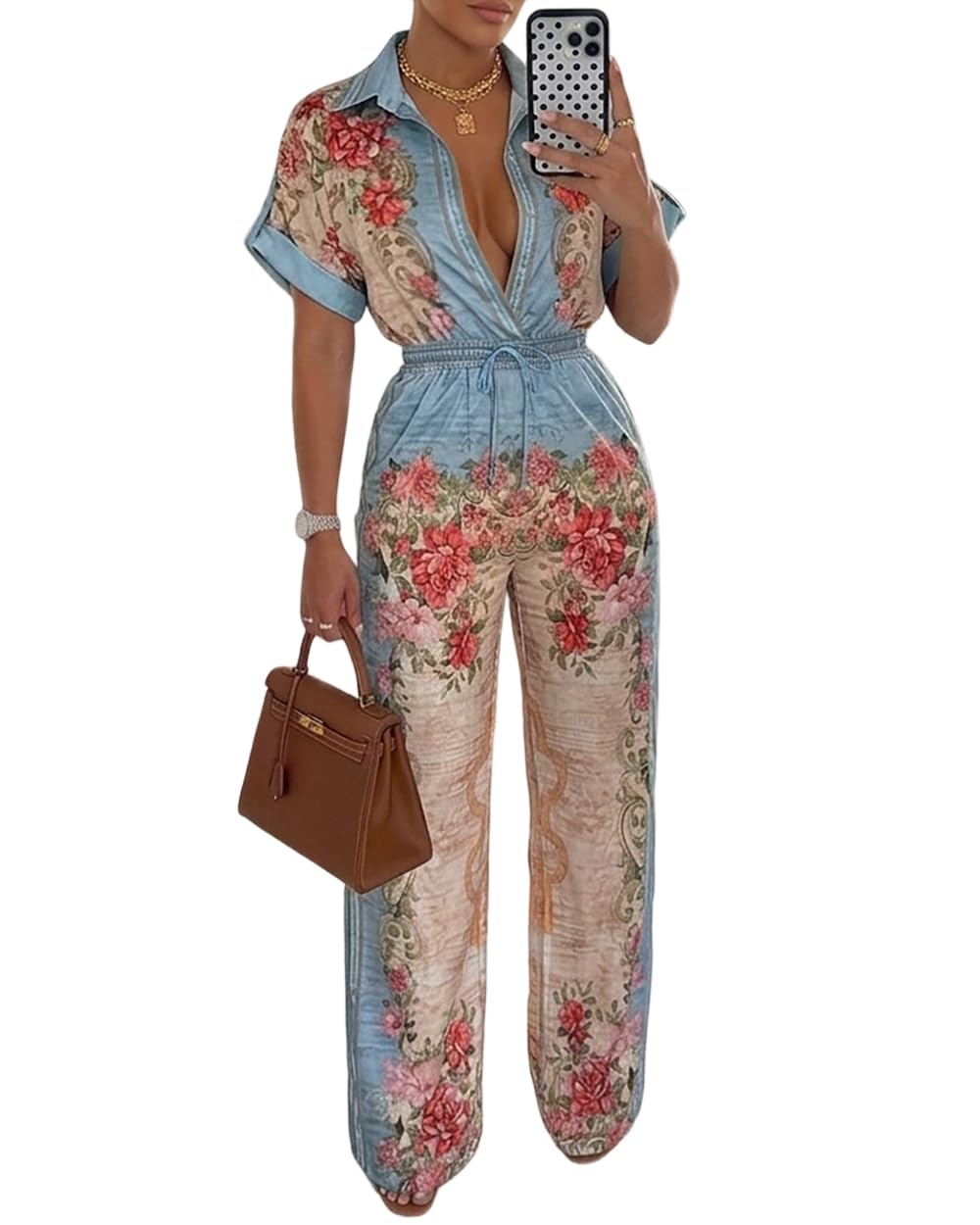 CHICME Womens Jumpsuit Boho Floral Wide Leg Vacation Outfit | Long Pant Rompers with Pockets,Roll Up Short Sleeve,Button Front,Drawstring High Waist,One Piece,Casual,Summer Beach