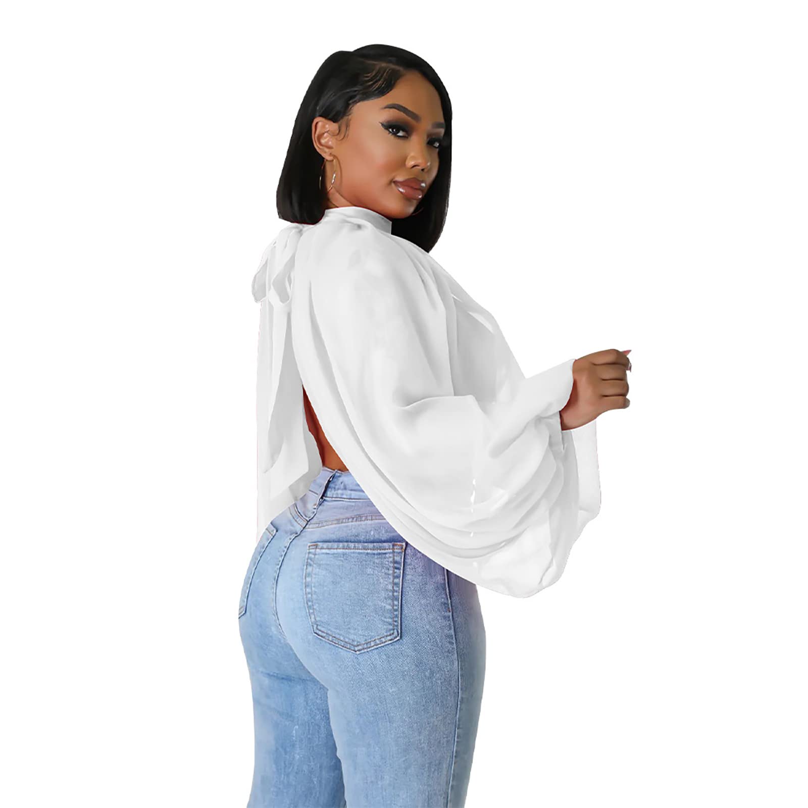 acelyn Women's Sexy See Through Chiffon Sheer Blouses Tops | Lantern Sleeve, Front Back Open, High Neck, Self Tie, Shawl Casual Shirts,Blouses Tops