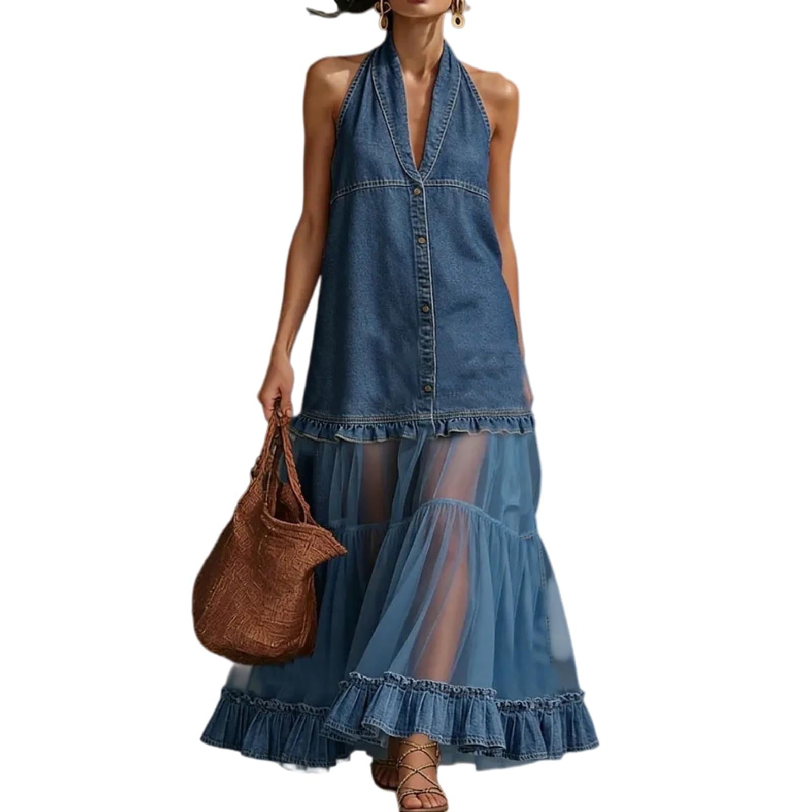 Women's Washed Faux Denim Patchwork Maxi Dress with Sheer Layered Skirt Hem Swing Ruffle Jean Dress for Casual Vacations