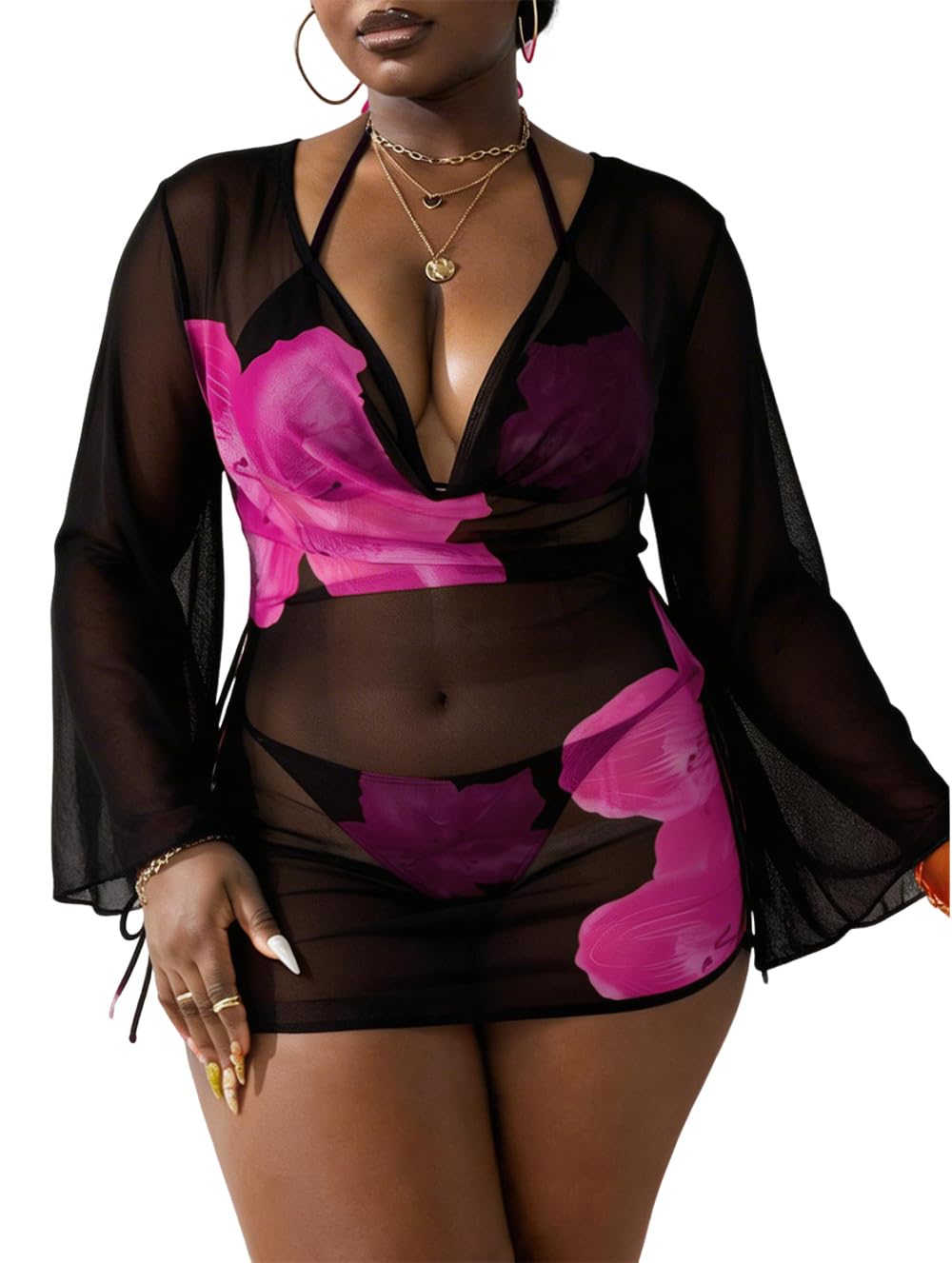 WODECASA Women's Plus Size 3 Piece Swimsuits Halter Triangle Bikini Set with Drawstring Semi Sheer Cover Up Bathing Suit
