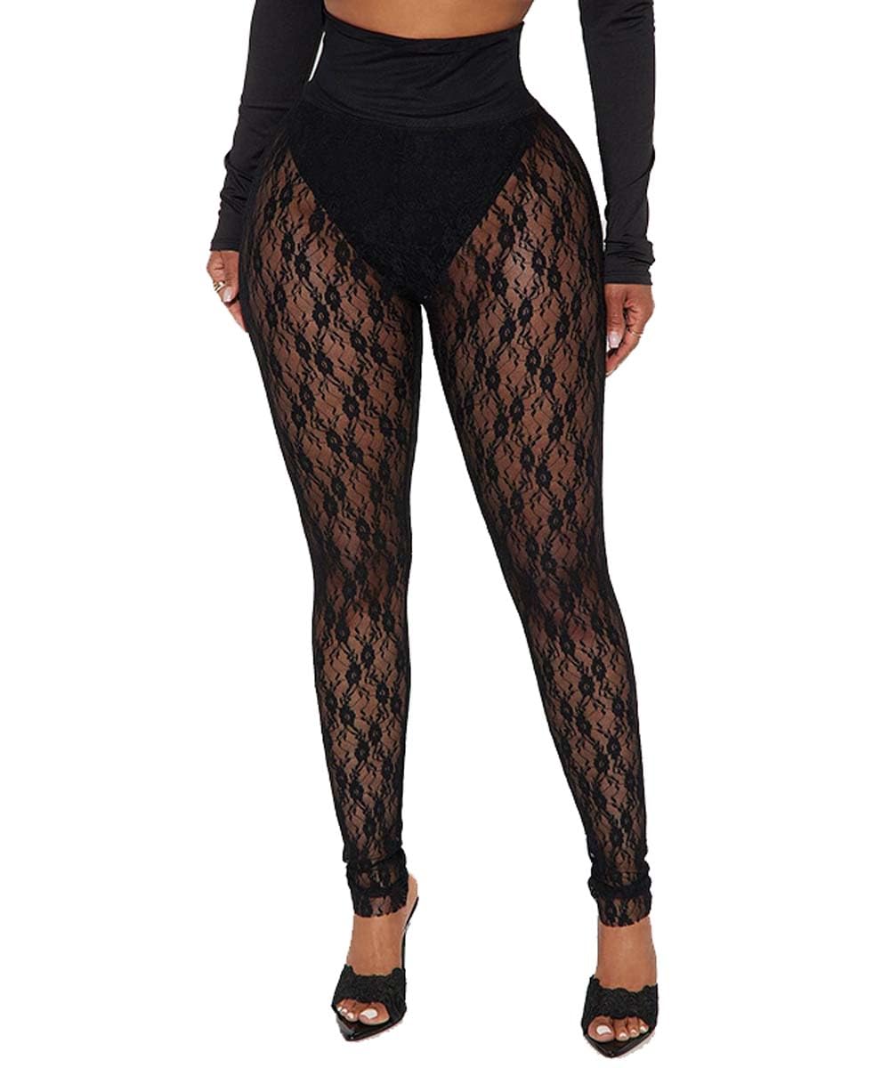 Women's Sexy See Through Sheer Mesh Pants Leggings High Waist Casual Sweatpants Tights