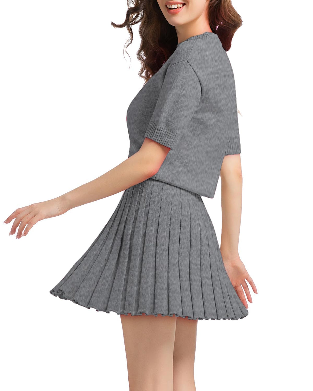 Womens 2 Piece Outfits 2026 Short Sleeve Crewneck Knit Tops And Pleated Mini Skirt Two Piece Sets