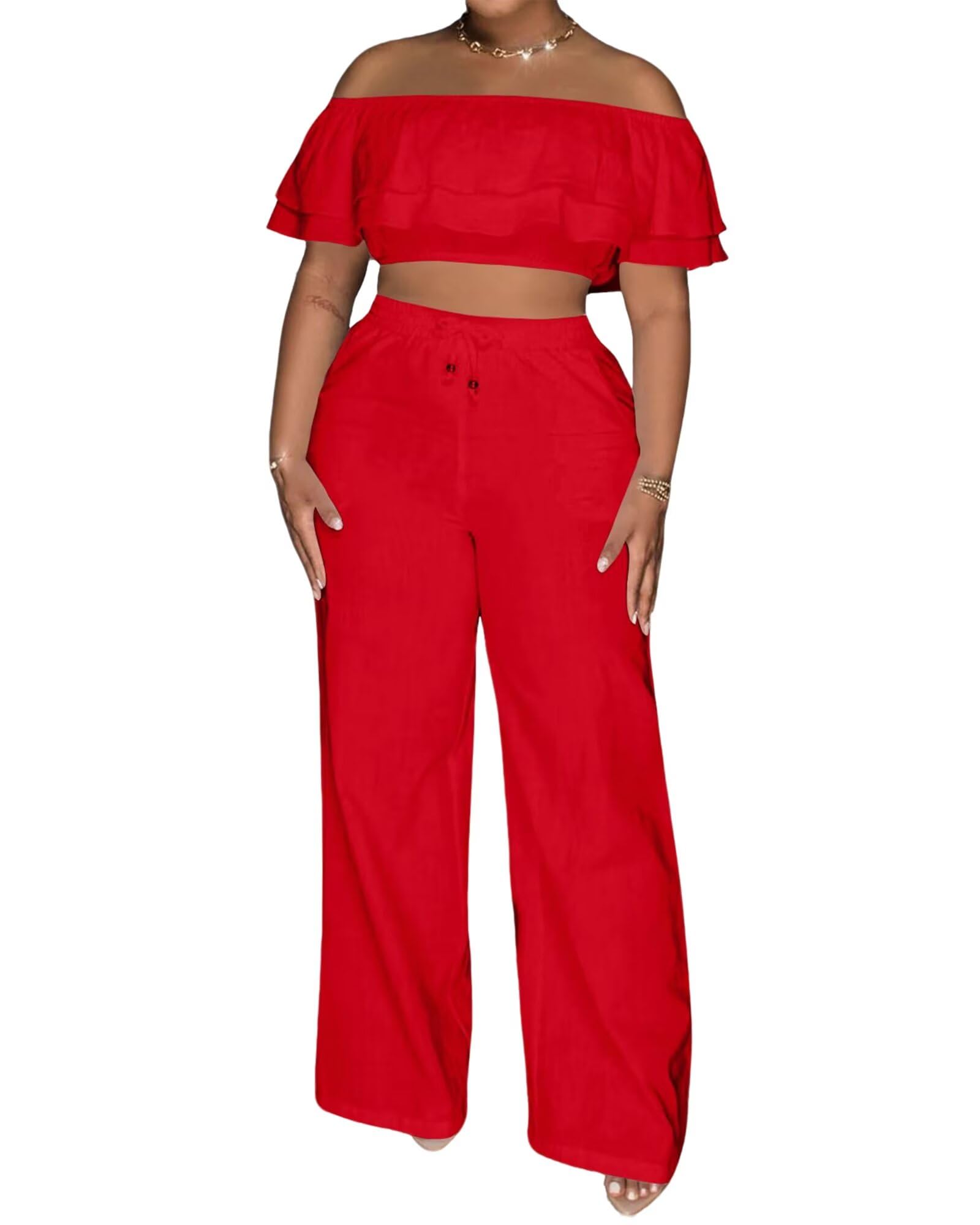 Adogirl 2 Piece Outfits for Women Ruffle Trim Crop Top Wide Leg Pants Set | 2 Piece Sets, Outfit for Women, Off Shoulder, Short Sleeve, Wide Leg Pants with Pockets, Sexy Outfits, Vacation Outfits