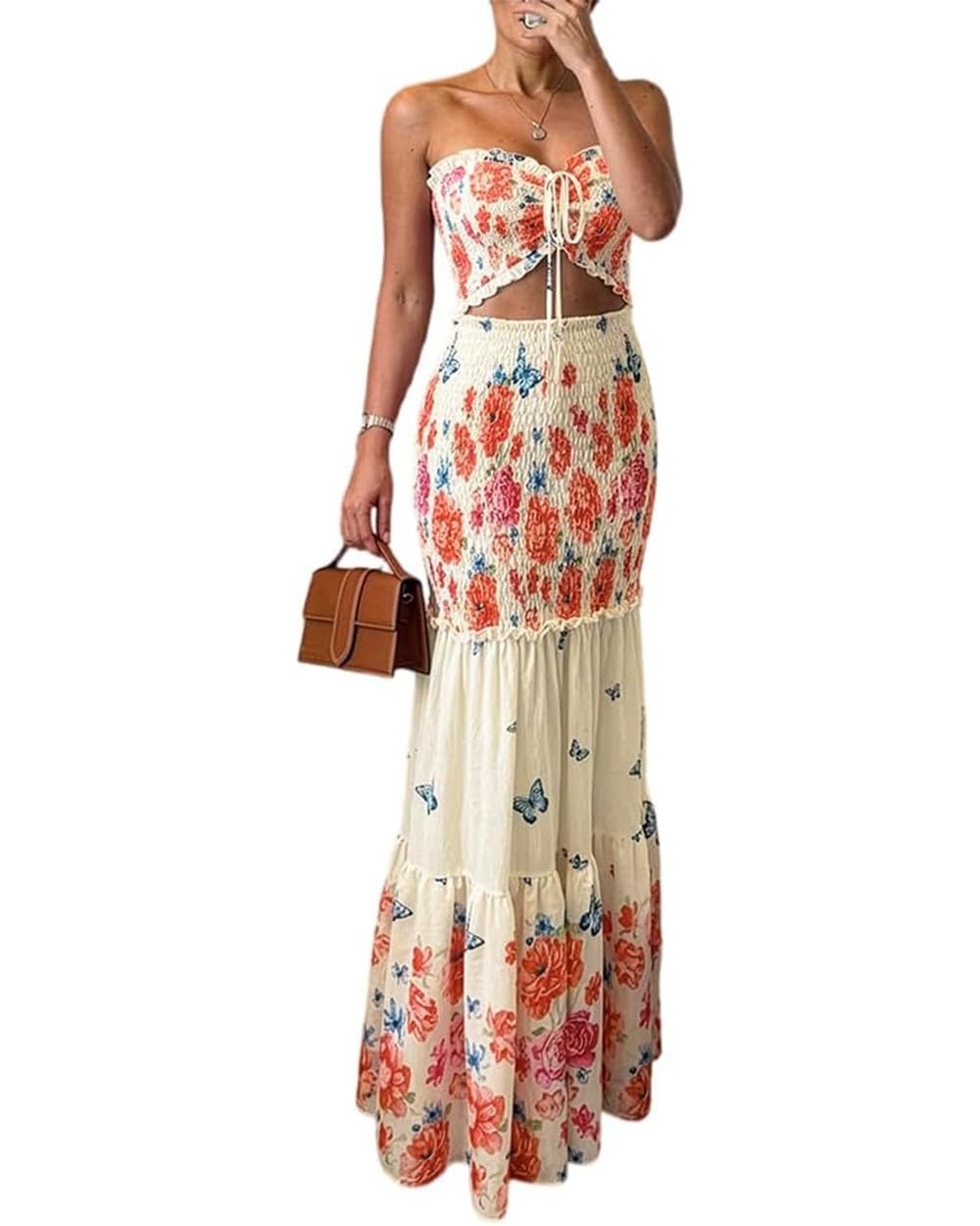 CHICME Floral Vacation Dress Halter Tie Ruched Womens Maxi Dress | Sleeveless Slim Dress, 3-Way Tie: Halter, Bow or Strapless,Ruffle Mermaid Hem for Party,Vacation,Wedding Guest