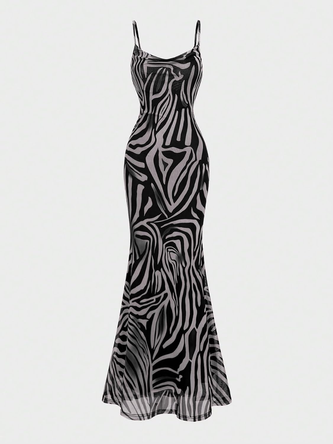 OYOANGLE Women's Zebra Spaghetti Strap Maxi Dresses Cowl Neck Bodycon Dress | Zebra Print, Spaghetti Strap, Maxi Dresses, Sleeveless, Cowl Neck, Formal Bodycon Dress